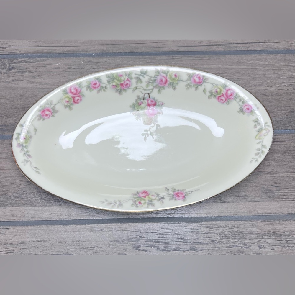 Antique Heinrich & Co. H&C Selb Bavaria 8.5” Oval Bowl Pink Rose w/Gold Trim - Picture 4 of 6